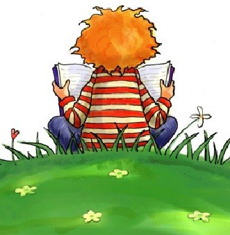 Child reading in grass